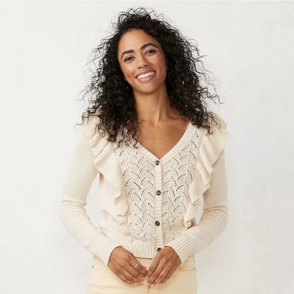 LC Lauren Conrad Cottagecore Ruffle Pointelle Cardigan. Size Medium